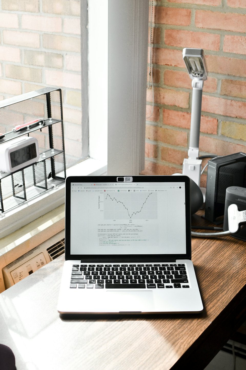 Laptop mit Code und Diagrammen auf einem Schreibtisch mit Büromaterial.